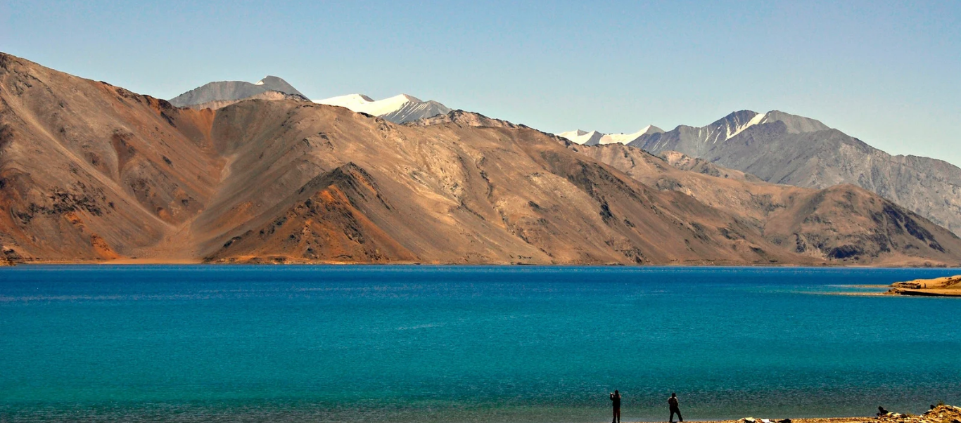 The crystal clear blue waters of Pangong Tso lake in Ladakh at sunset.