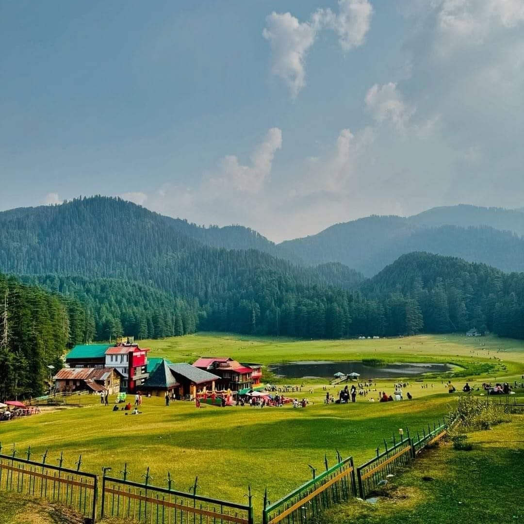 Panoramic view of Khajjiar meadow and pine forests in Dalhousie, known as Mini Switzerland of India.